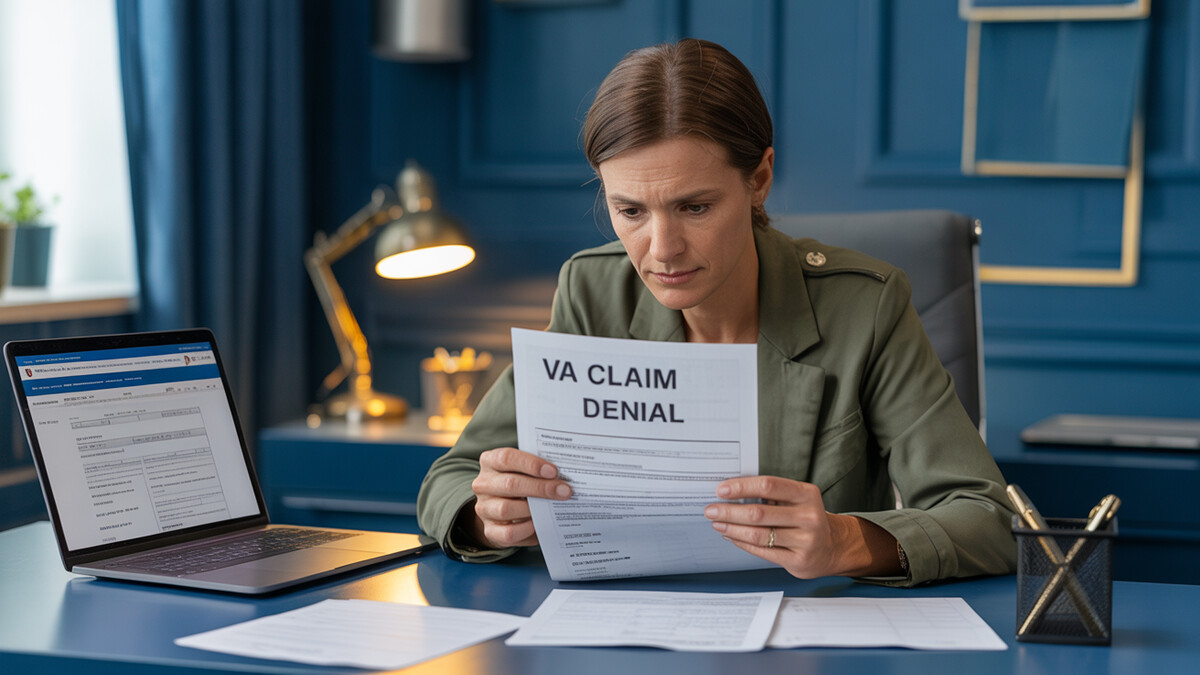 Veteran reviewing a denied VA claim letter with documents and laptop on desk
